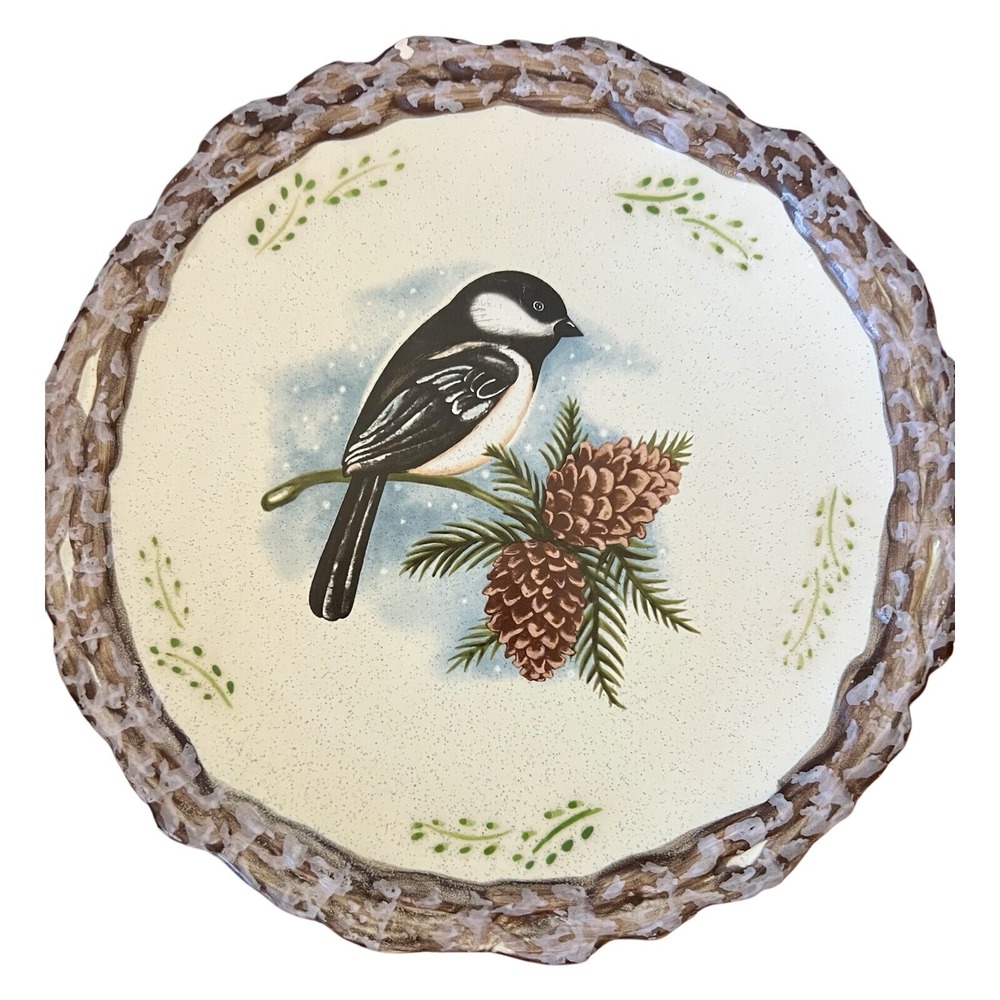 MWW Market Chickadee Bird Pinecone Salad Plates Set of 2 Rustic Branch Edge 8 in
